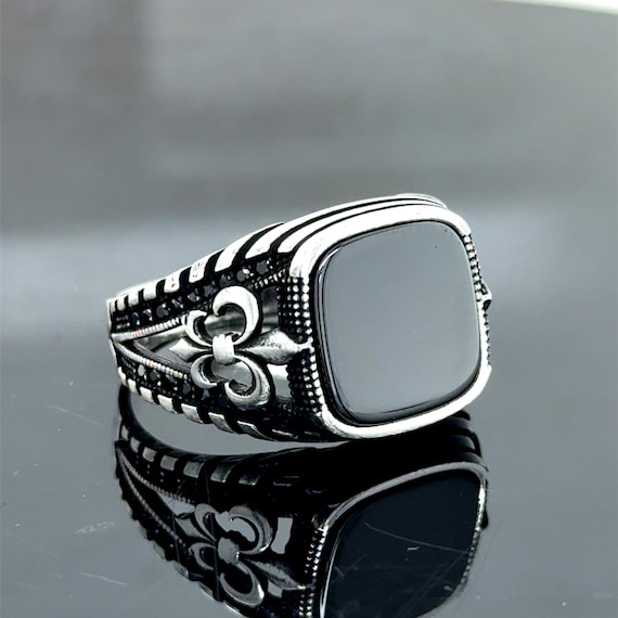 メンズ ブラックオニキス シグネットリング、スクエア オニキス