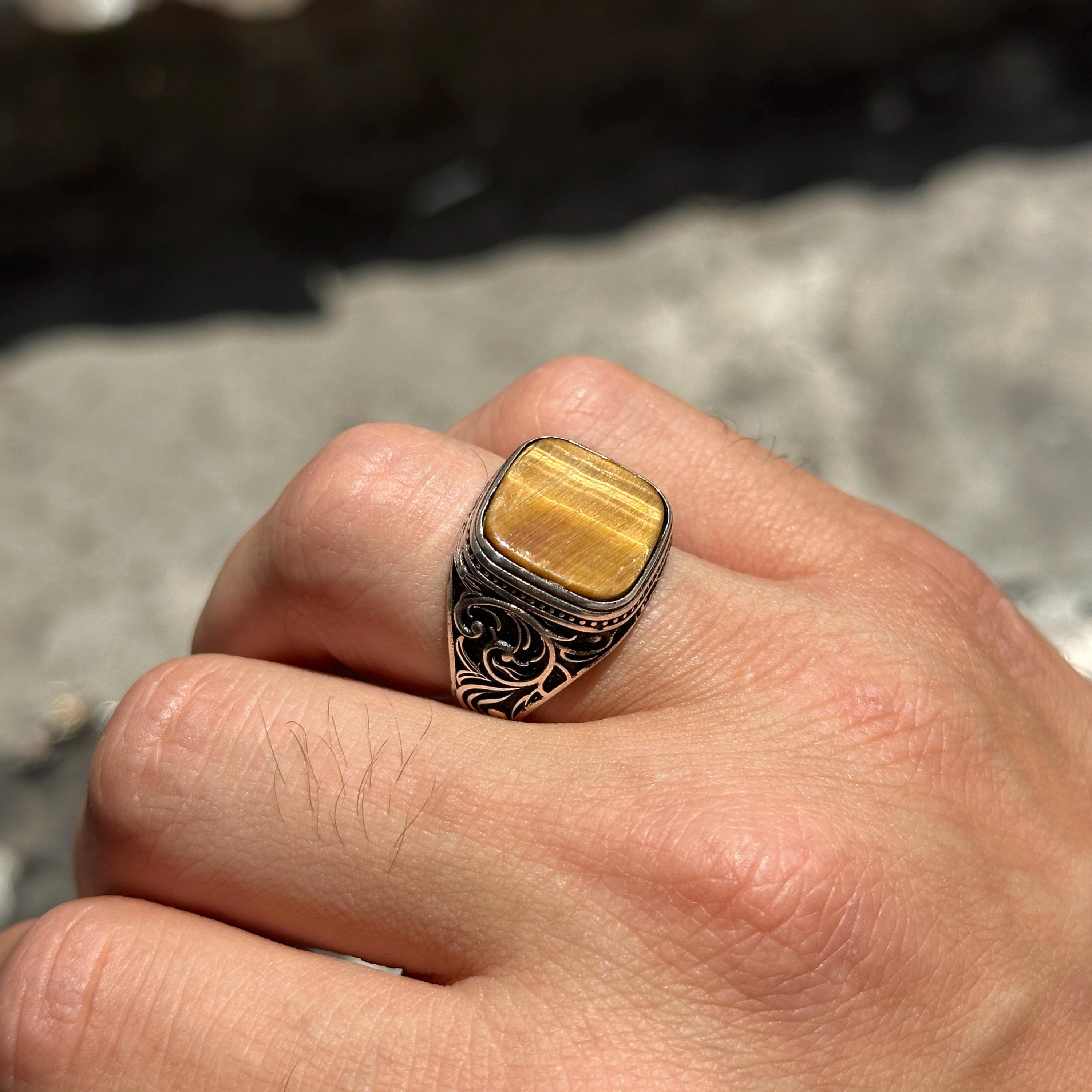 Men Silver Tiger Eye Stone Ring , Square Tiger Eye Gemstone
