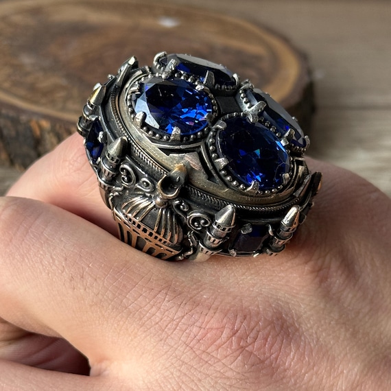 トルコ製ハンドメイドサファイア宝石リング、大きなモスクイスラム