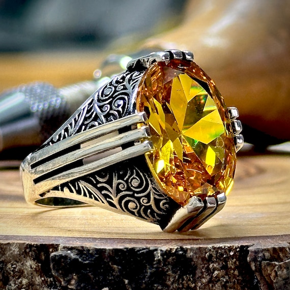 Bague en argent avec pierre citrine bague en citrine jaune bague pour homme ovale bague gravee cadeau fete des peres bague ottomane pour homme