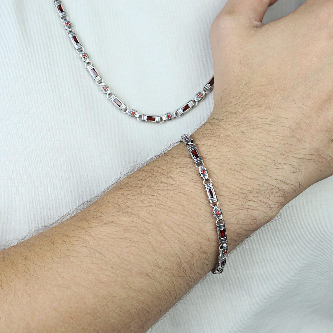 Silver Ruby Hand-engraved Necklace Bracelet Set, Ruby Byzantine Chain ...