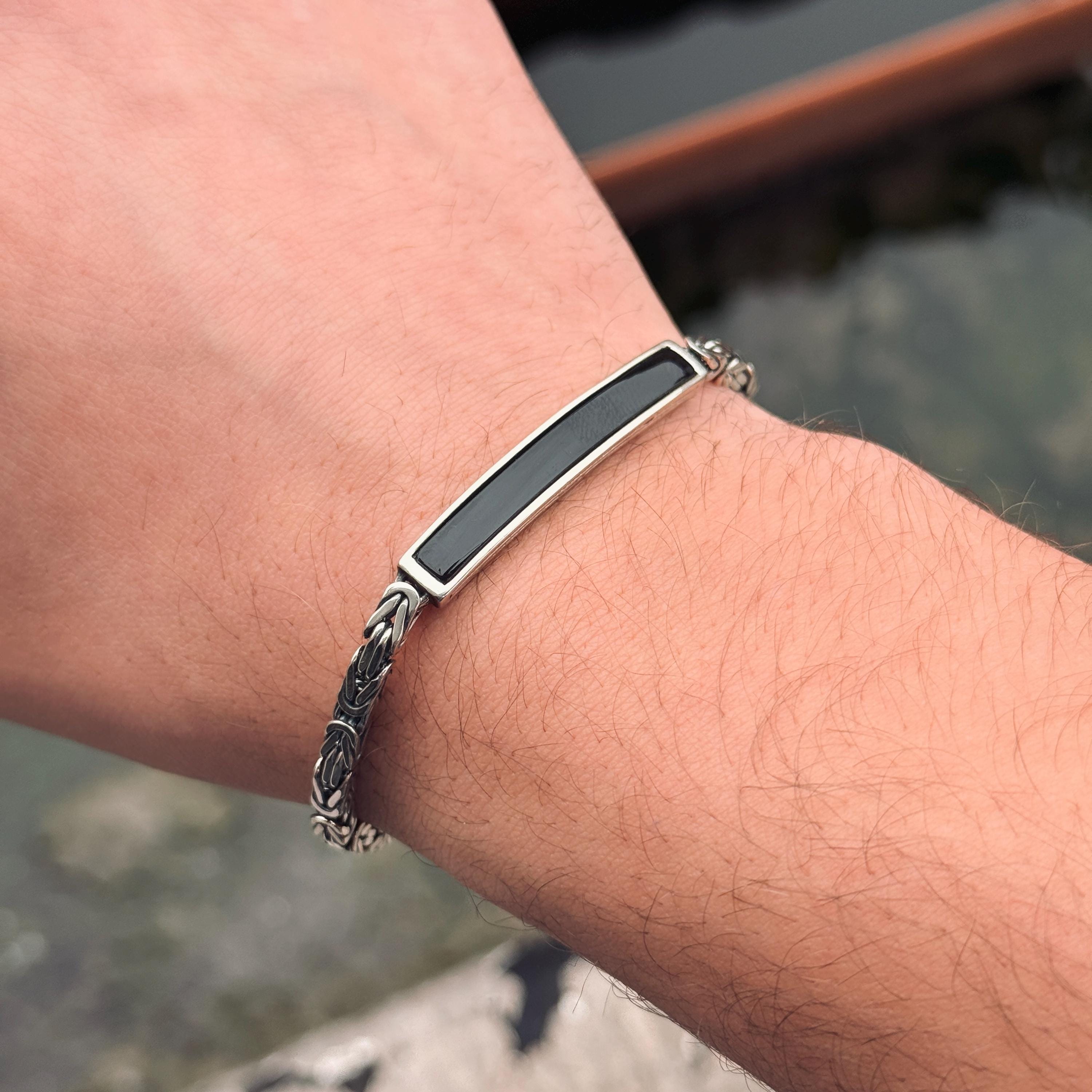 Silver Black Onyx King Byzantine Bracelet, Solid Byzantine King