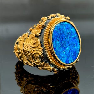 Silver Fire Opal Ring, Mens Hand Gold Engraved Ring, Gold Engraved Opal Men Ring, Handmade Men Ring, Turkish Mens Ring, Blue Opal Ring