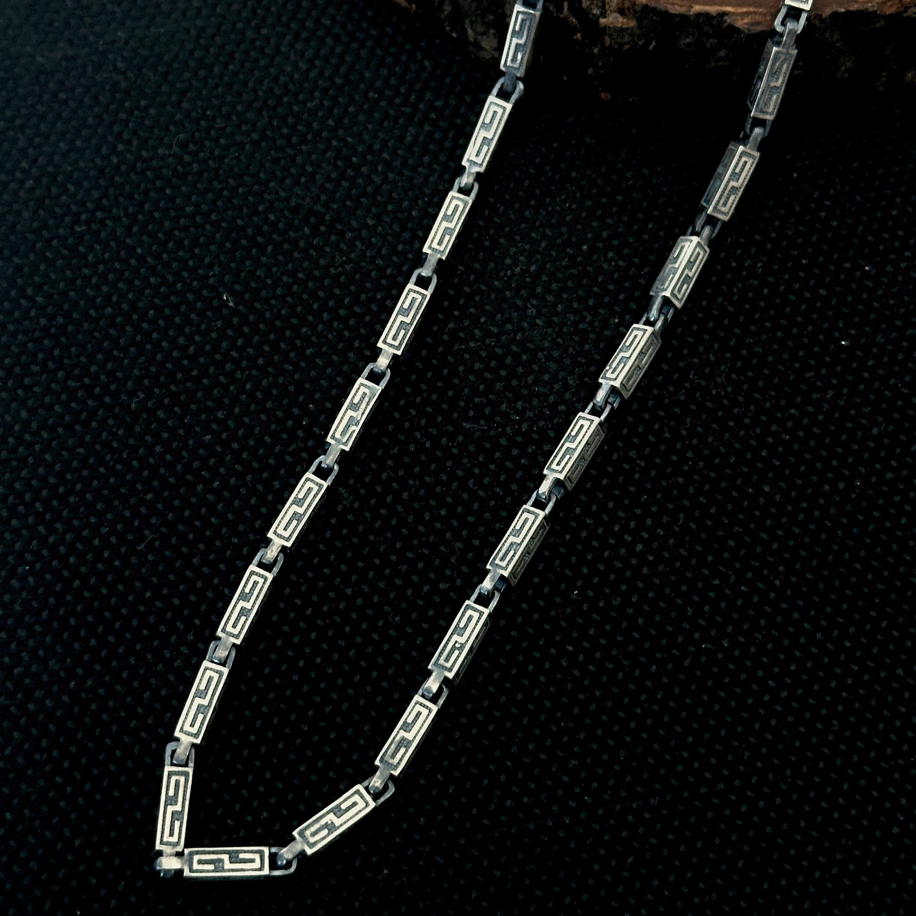 メンズシルバーギリシャスタイルチェーンネックレス、ハンドメイド