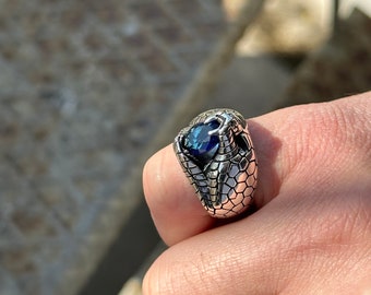 Silver Snake Ring, Sapphire Stone Snake Ring, Cobra Model Ring
