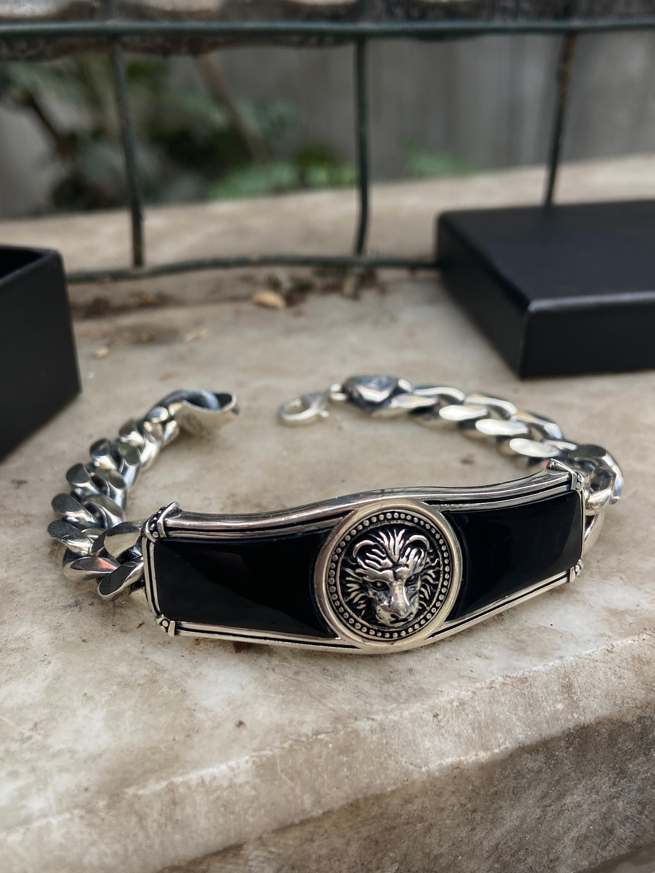 Silver Lion Bracelet , Handmade Lion Head Bracelet , Chain Link
