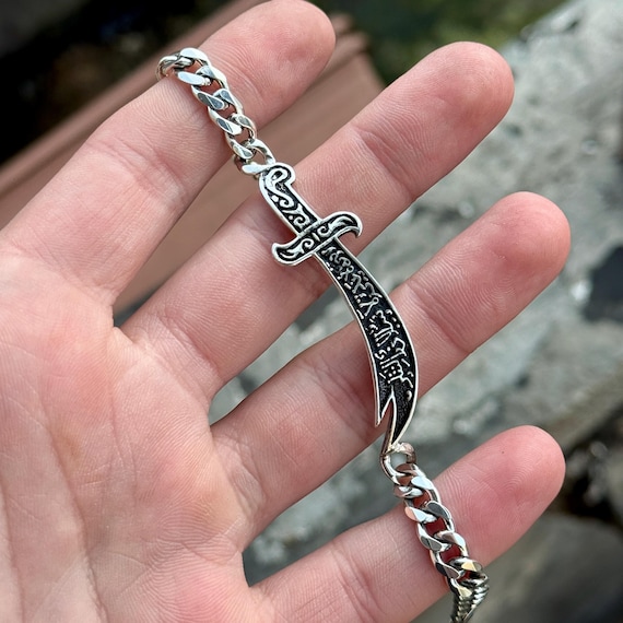 Silver Sword Bracelet, Mens Zulfiqar Chain Bracelet, Curb Chain