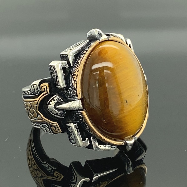 Men's Stainless Steel Tiger Eye Stone Ring - Silver Rectangle Ring, Sizes 8-13