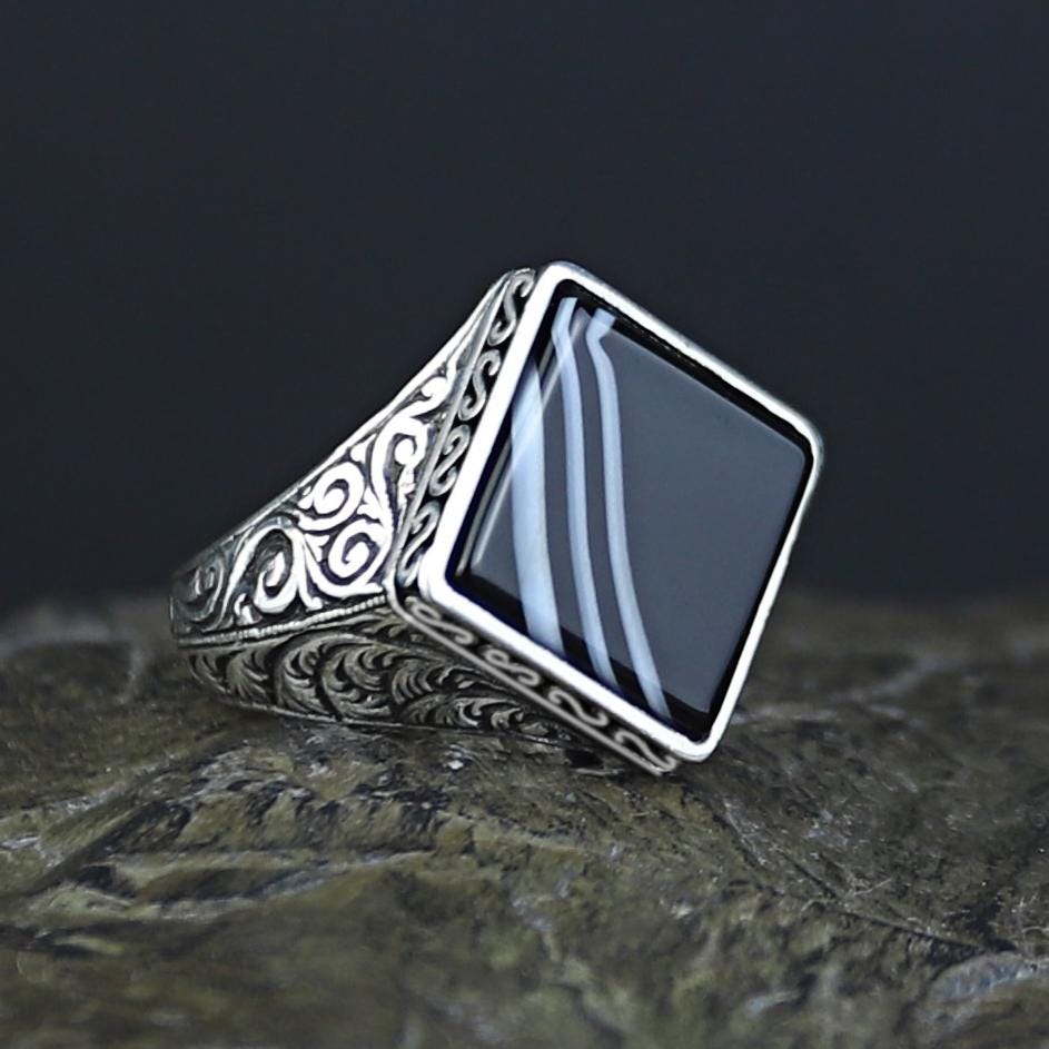 Silver Onyx Signet Ring , Square Men Onyx Wedding Ring for Men