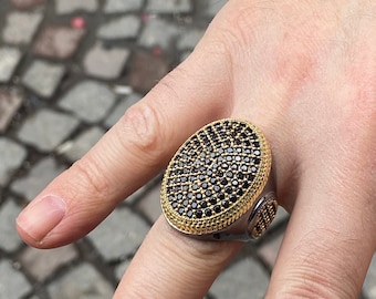 Silver Large Black Stone Ring , Man Gold Micro Stone Ring , Large Engraved Ottoman Style Ring , Black Stone Ring , 925k Sterling Silver Ring