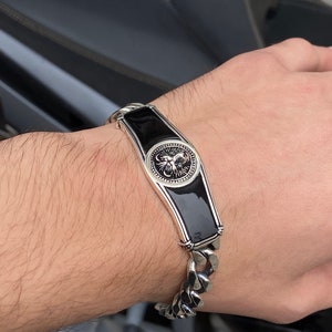 シルバーライオンブレスレット、ハンドメイドライオンヘッドブレスレット、チェーンリンクタグブレスレット、ブラックオニキスブレスレット、925kスターリングシルバーブレスレット