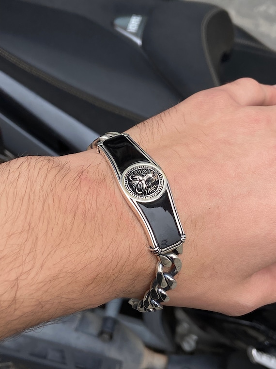 Silver Lion Bracelet , Handmade Lion Head Bracelet , Chain Link