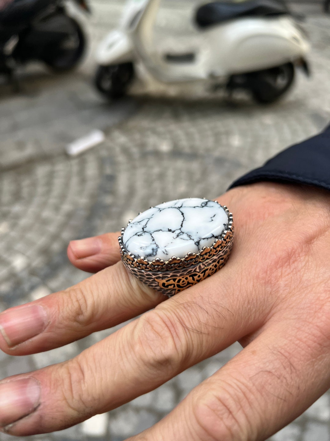 Men Large Ring , Sterling Silver Ring , Men White Turquoise Stone Ring , Handcrafted Ottoman Men