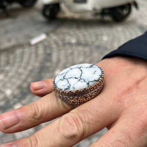 Men Large Ring , Sterling Silver Ring , Men White Turquoise Stone Ring , Handcrafted Ottoman Men Ring , Turkish handmade , Gift for Him