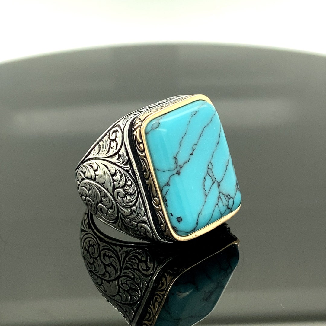 AROTOROM Men's Turquoise Ring - 925 Sterling Silver Vintage Engraved Statement Ring