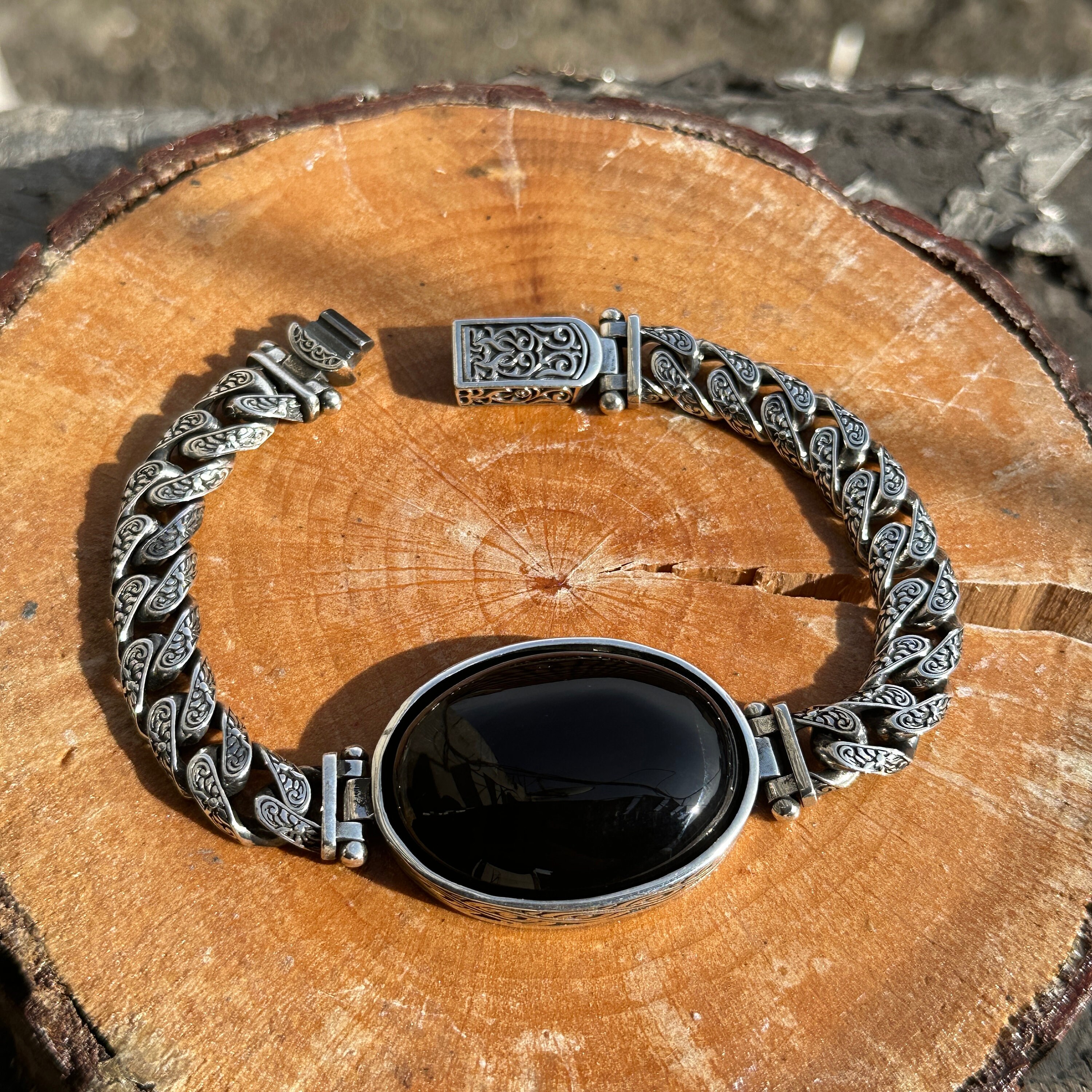 Man Large Onyx Chain Bracelet , Black Onyx Bracelet