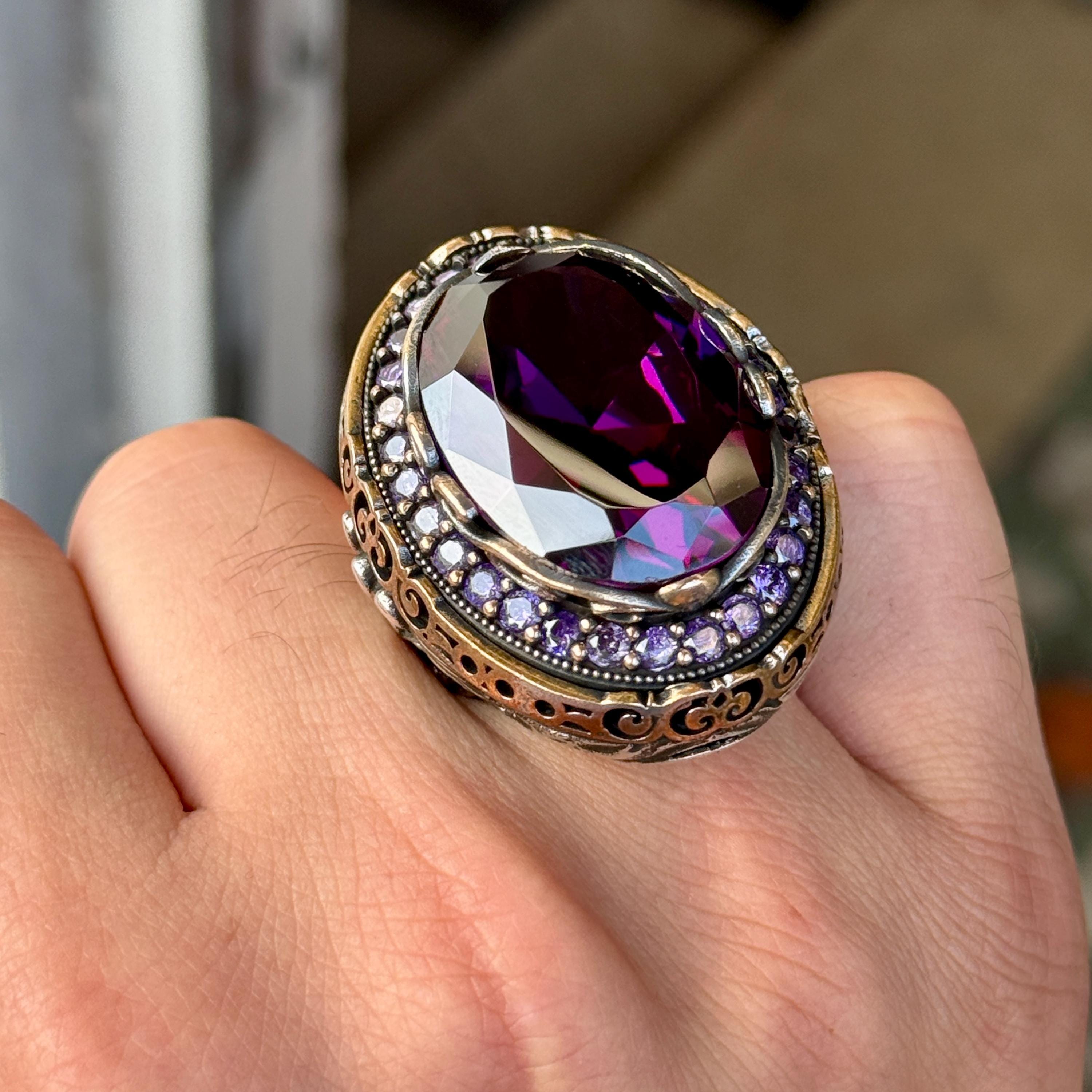 925 Sterling Silver Deep Amethyst Ring, Turkish Handmade Dark