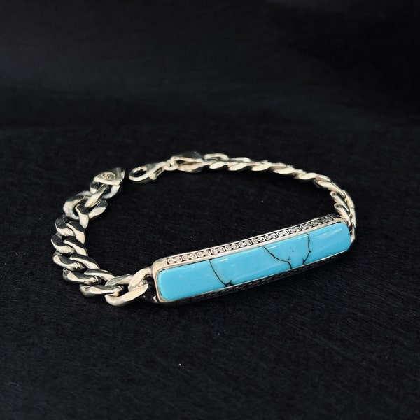 Bracelet chaîne en argent , Bracelet pierre turquoise , Bracelet chaîne épaisse argentée , Bracelet chaîne gourmette , Bracelet en argent sterling 925 carats