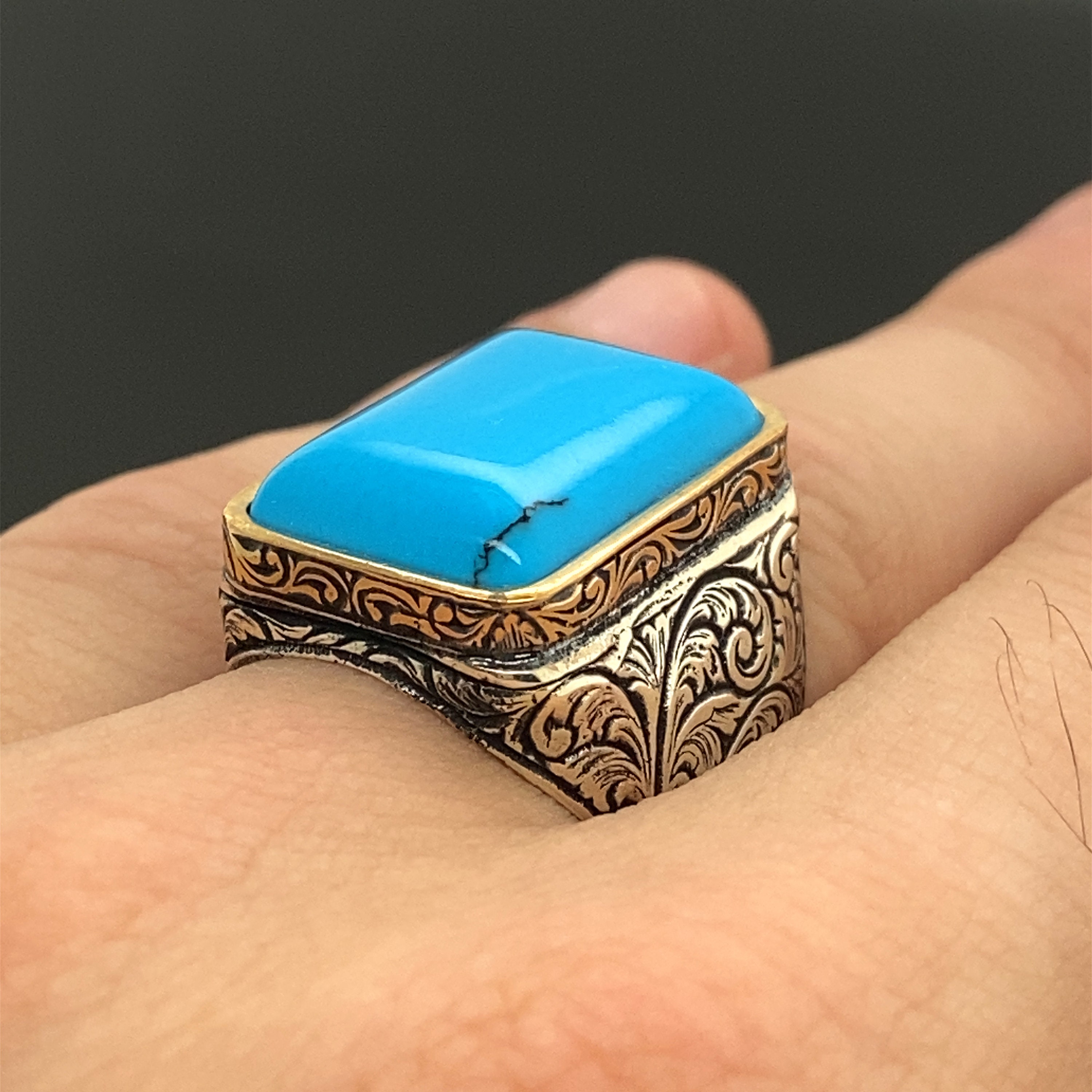 Man Sterling Silver Ring , Turquoise Stone Ring , Natural Stone ...
