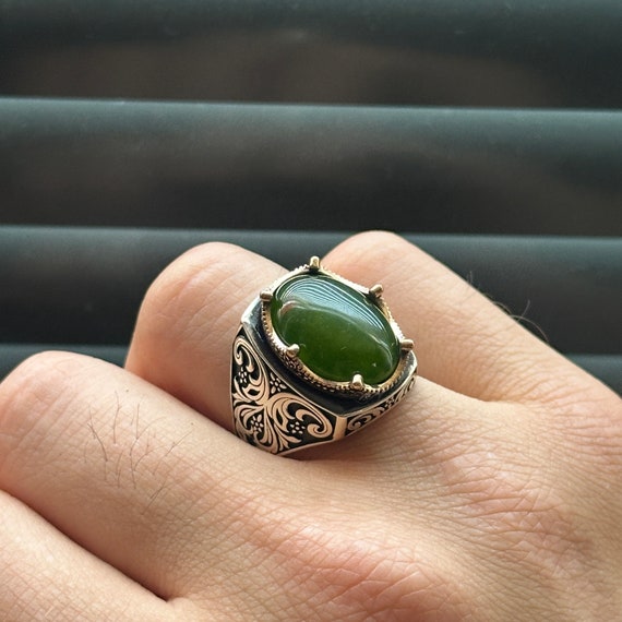 Silver Green Jade Stone Ring, Mens Jade Stone Ring, Handmade Green