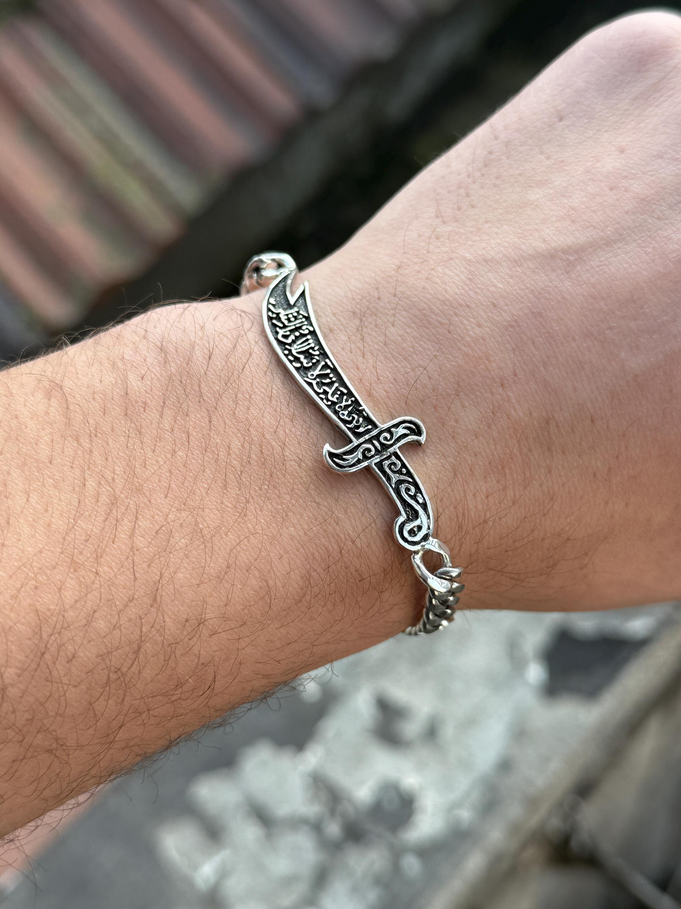 Silver Sword Bracelet With Blackstone,925 Sterling Silver