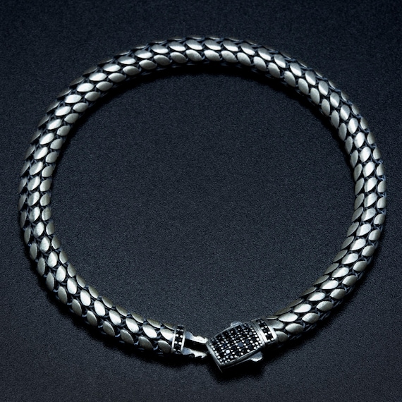 925 Silver Onyx Stone Popcorn Bracelet, Black Stone Snake Chain