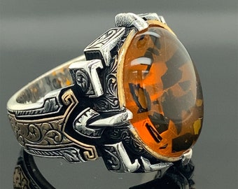 Men Silver Ring, Honey Amber Stone Ring , Ottoman Ring, Amber Gemstone,  Ottoman Jewelry ,  925k Sterling Silver Ring , Gifts for Him