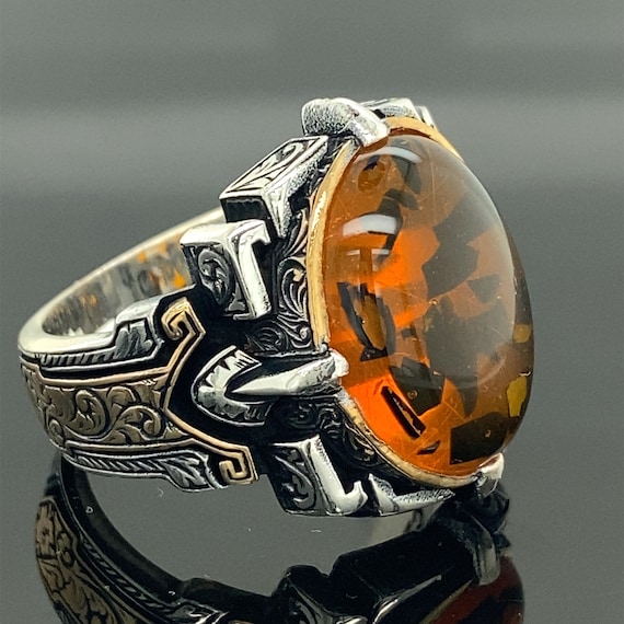 Men Silver Ring Honey Amber Stone Ring Ottoman Ring Amber - Etsy