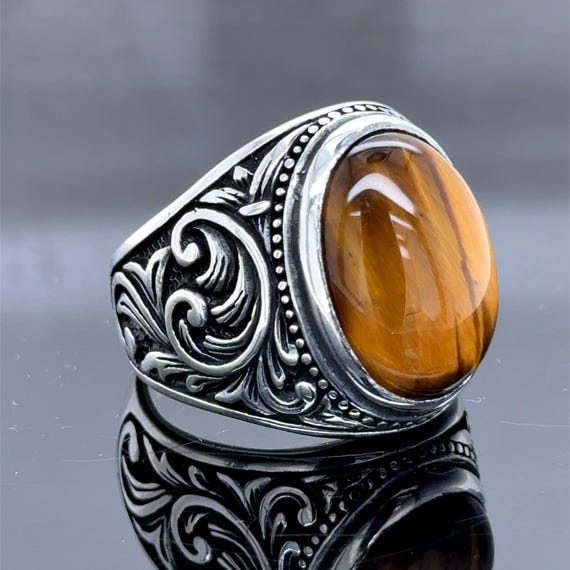 Men Engraved Tiger Eye Ring, Natural Tiger Eye Signet Ring