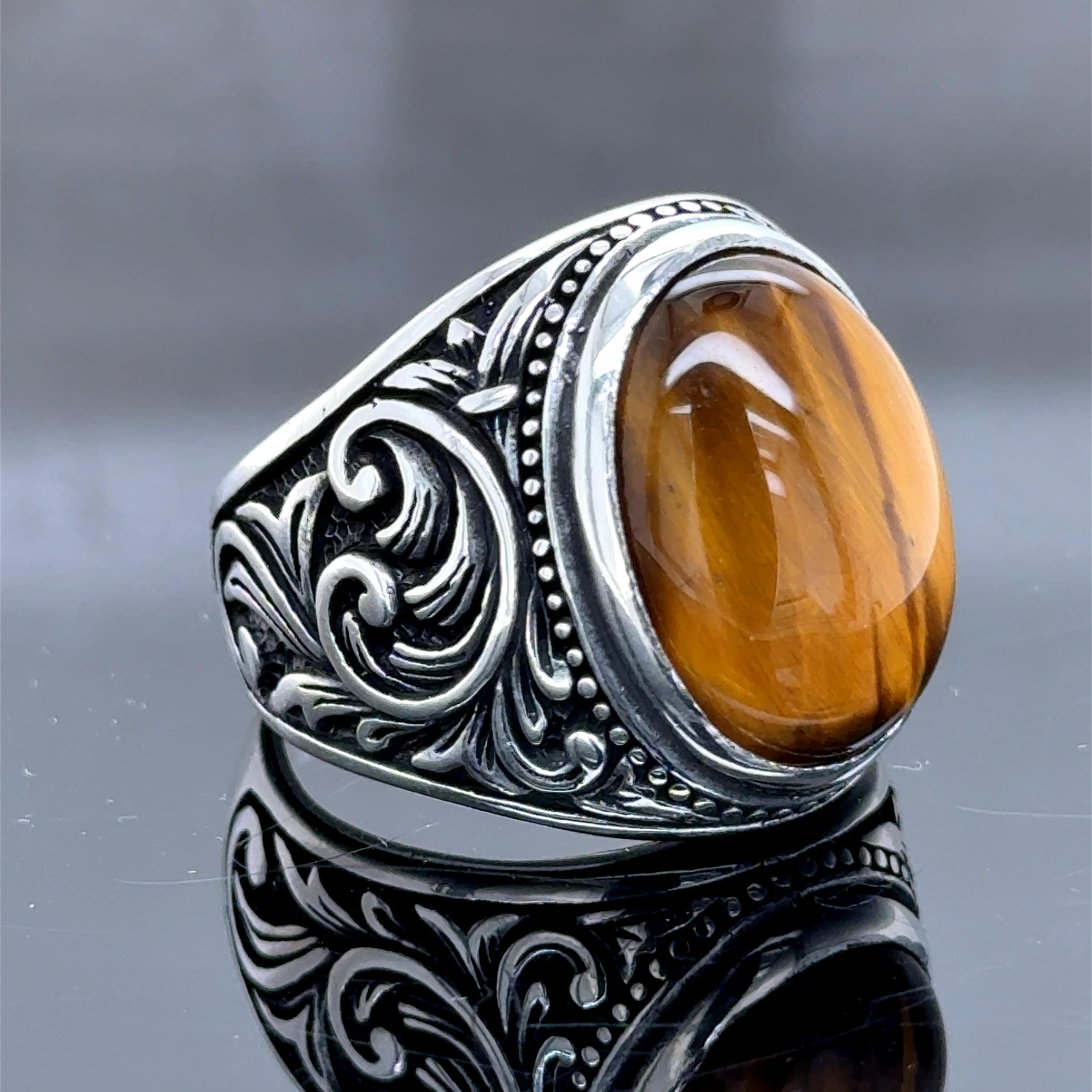 メンズ刻印タイガーアイリング、天然タイガーアイシグネットリング