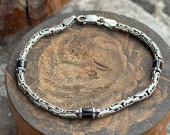 925シルバーブラックオニキスキングチェーンブレスレット、ビザンチン