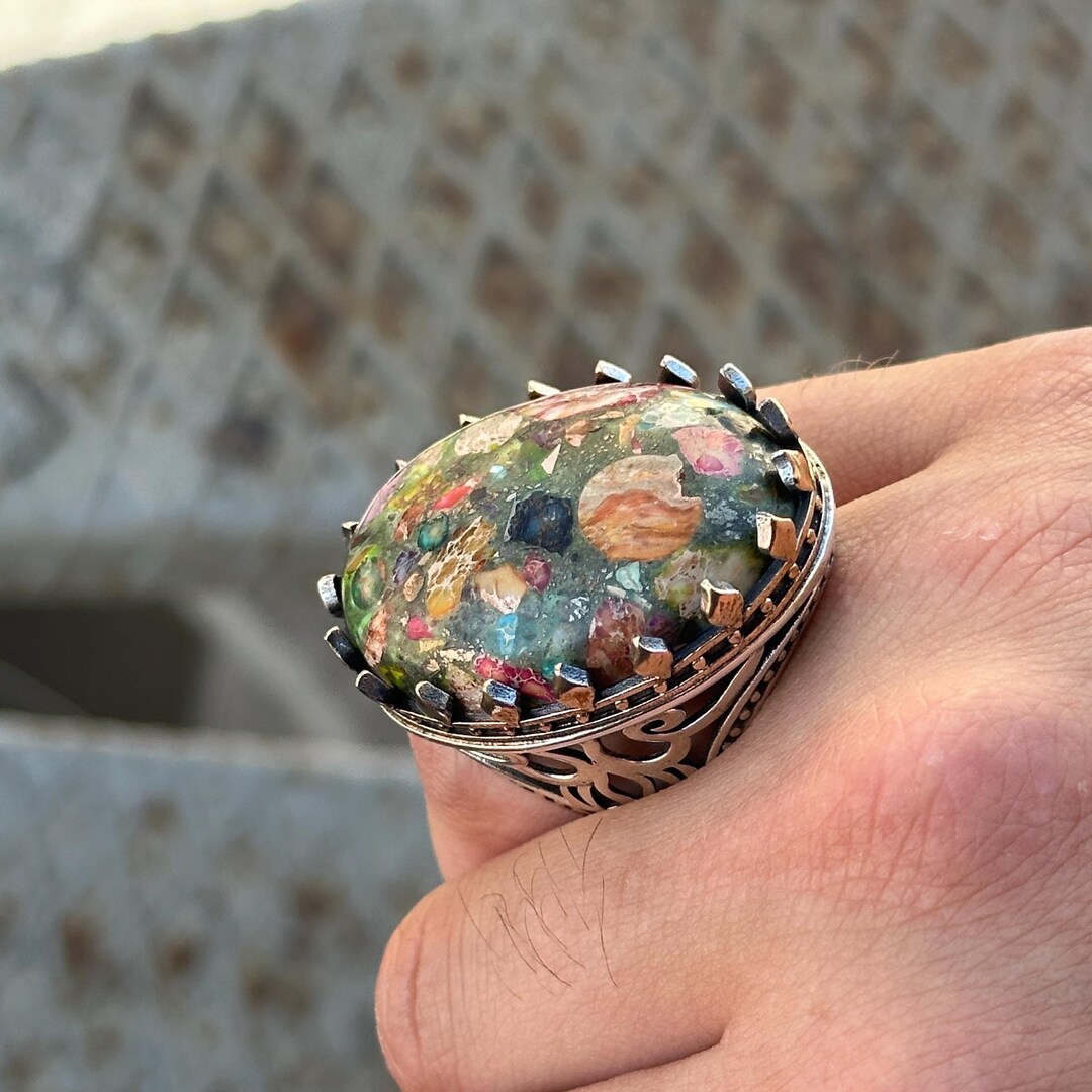 Silver Handmade Multi Color Turquoise Ring, Large Natural Turquoise ...