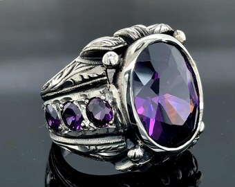 Men Silver Amethyst Ring, Engraved Amethyst Ring, Turkish Handmade - Technical View