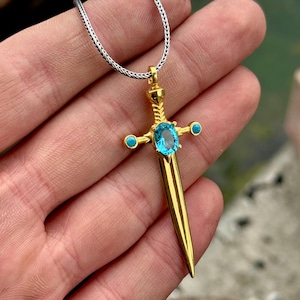 Silver Aquamarine Sword Pendant, Gold Warrior Sword Necklace , Handmade Men Necklace , Unisex Silver Sword Pendant, 925k Sterling Silver