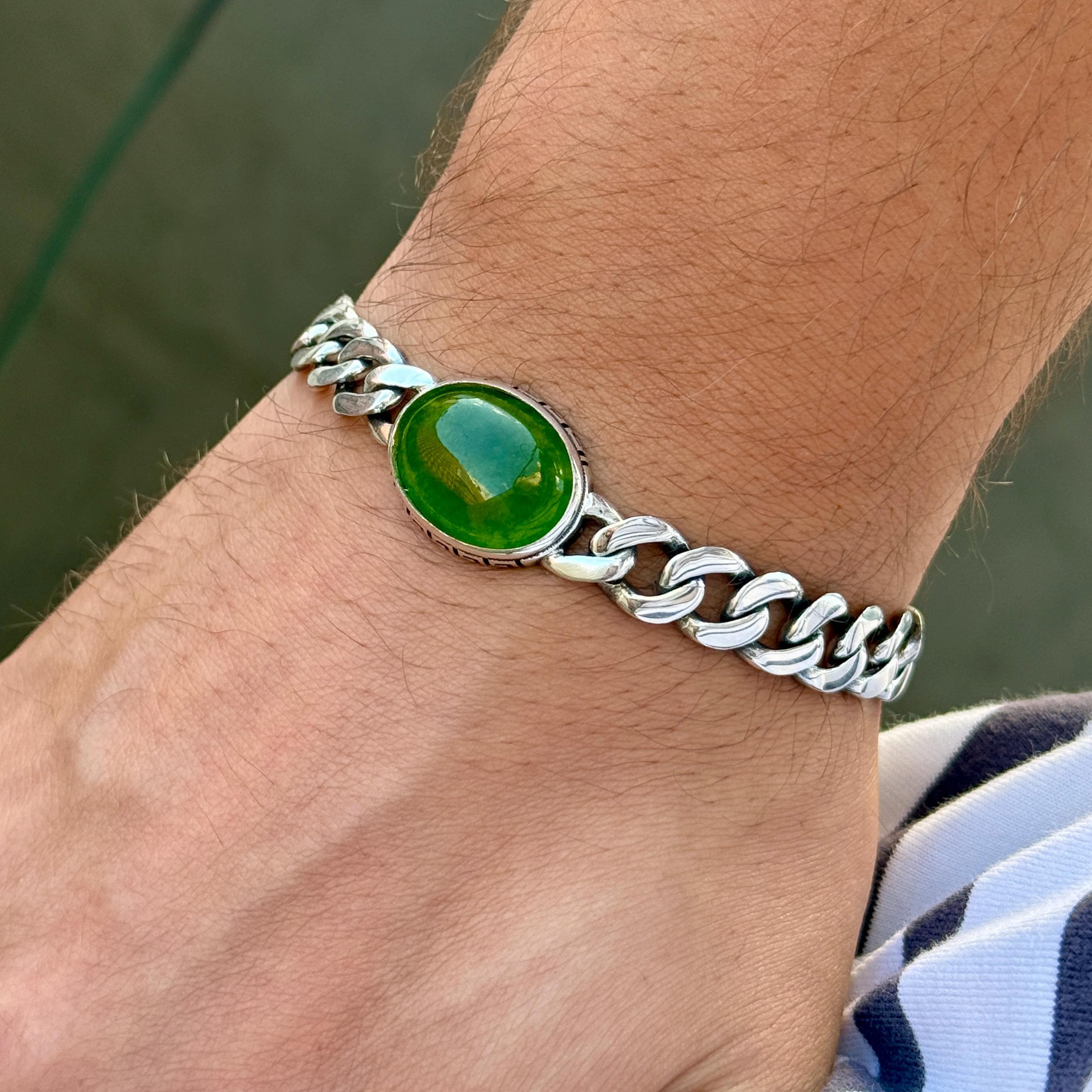 Silver Jade Stone Curb Chain Bracelet, Men 10MM Curb Bracelet