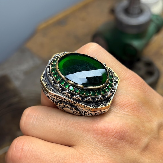 SILVER925 GREEN STONE RING/シルバー/リング Silver Large Green Stone Ring, Handmade Men Emerald Stone Ring