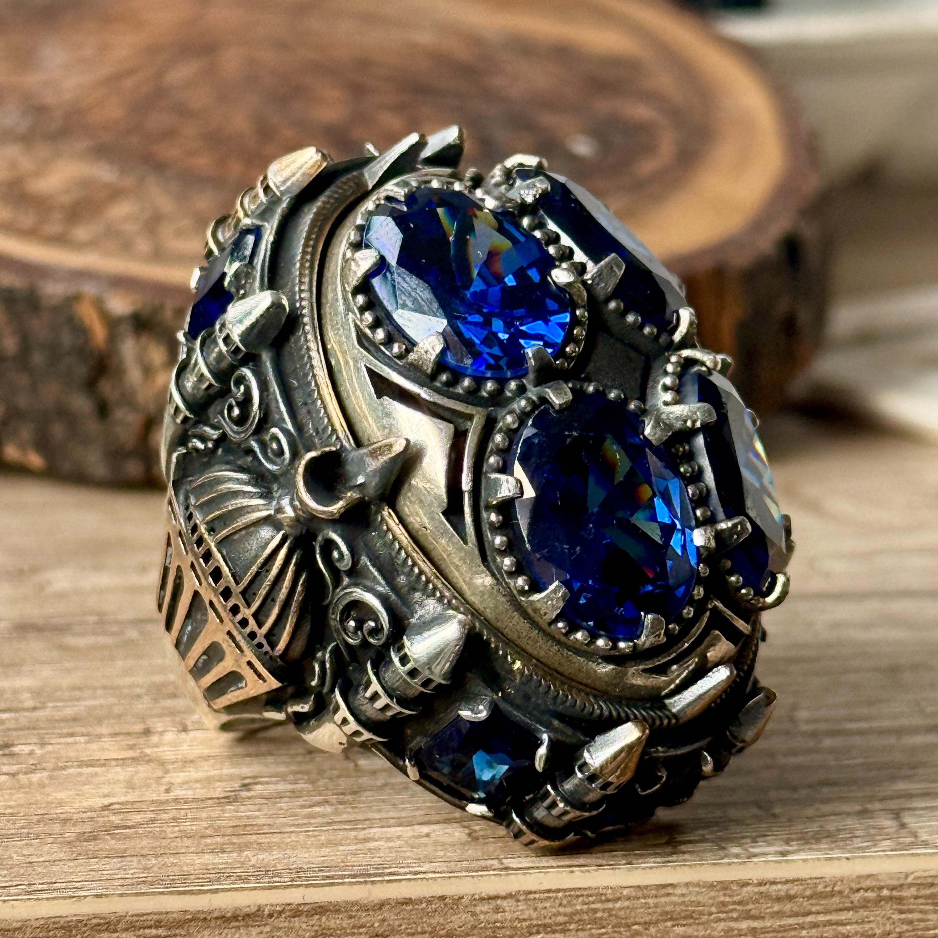 トルコ製 925silver 天然石 エメラルドルーサファイアビリング トルコ製 925silver 天然石 エメラルドルーサファイアビリング