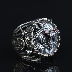 925 Silver Ruby Eyes Wolf Head Ring, Sword Signet Men Ring, Engraved Large Handmade Ring, Turkish Handmade Jewelry, Gift For Him