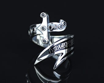 Men Silver Sword Ring, Double Zulfiqar Sword Ring, Hz Ali Signet
