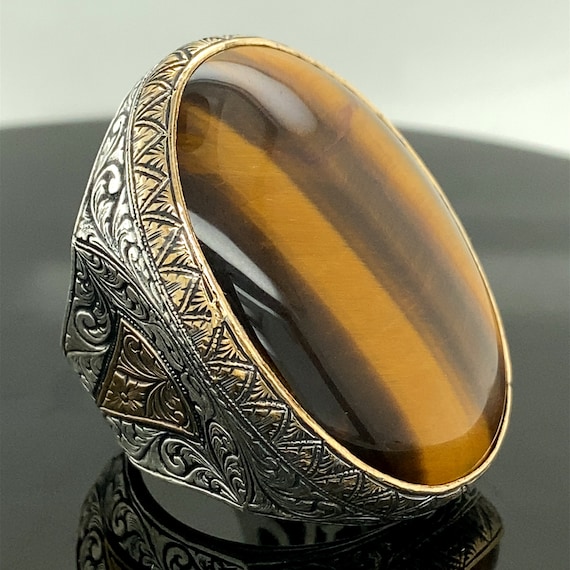 Ottoman Style Claw Tiger Eye Stone 925 K Sterling Silver Mens Ring All size 