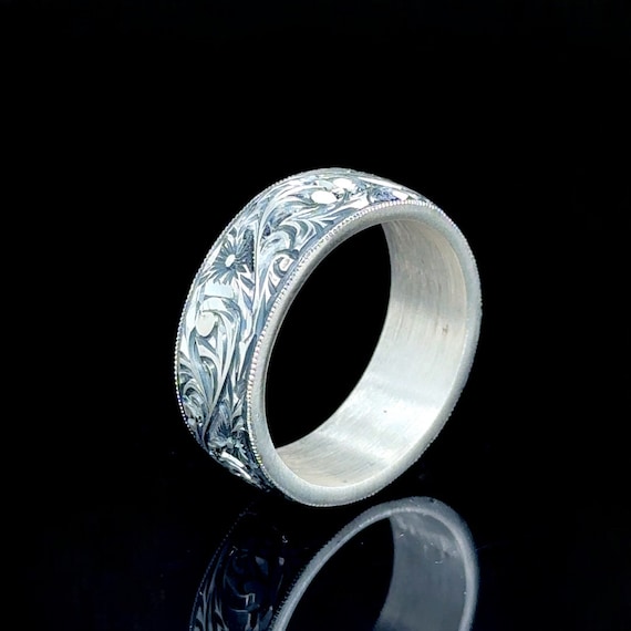 Buy Hand Engraved Silver Wedding Band, Unique Floral Wedding Band