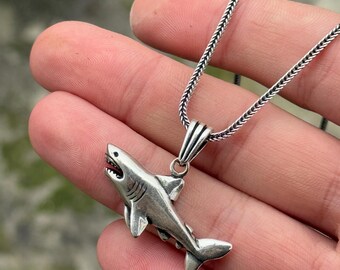Silver Shark Necklace, Wild Shark Pendant Jewelry, Shark Jewelry 