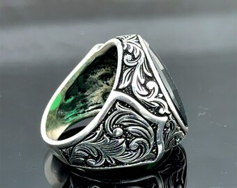 メンズシルバーグリーンストーンリング、メンズシルバーエメラルド