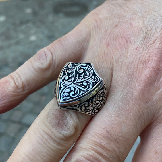 Men Silver Engraved Ring , Shield Hand Engraved Ring , Shield