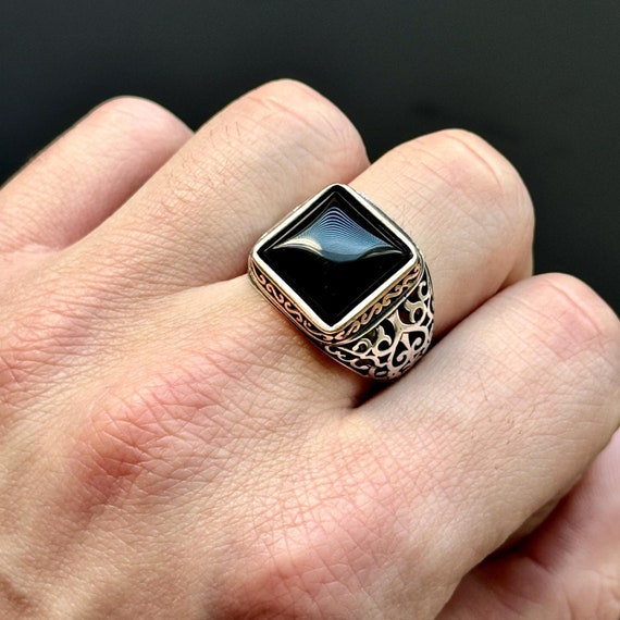 Men Silver Black Onyx Signet Ring , Silver Square Onyx Signet Ring