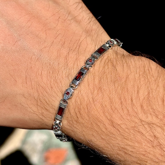Men Silver Ruby Hand-Engraved Bracelet, Byzantine Chain Bracelet, Mens Ruby Link Chain Men Bracelet, Silver Vintage Bracelet, 925 Silver
