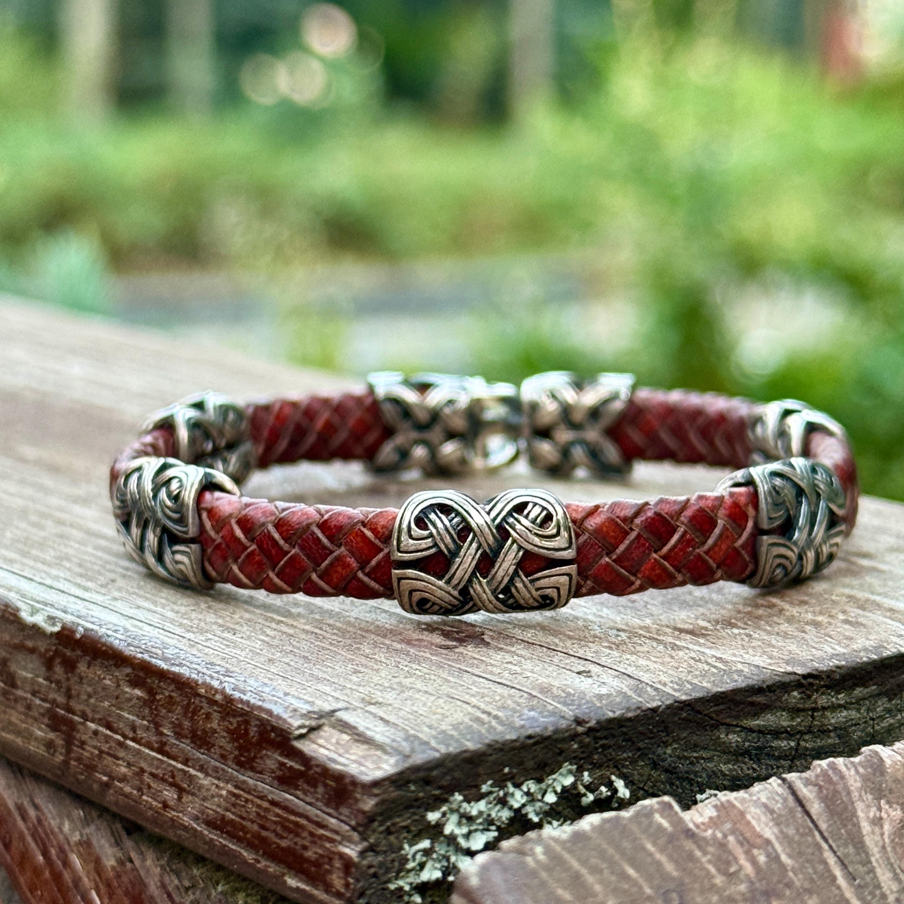 Silver Red Leather Vintage Bracelet , Men Leather Unique