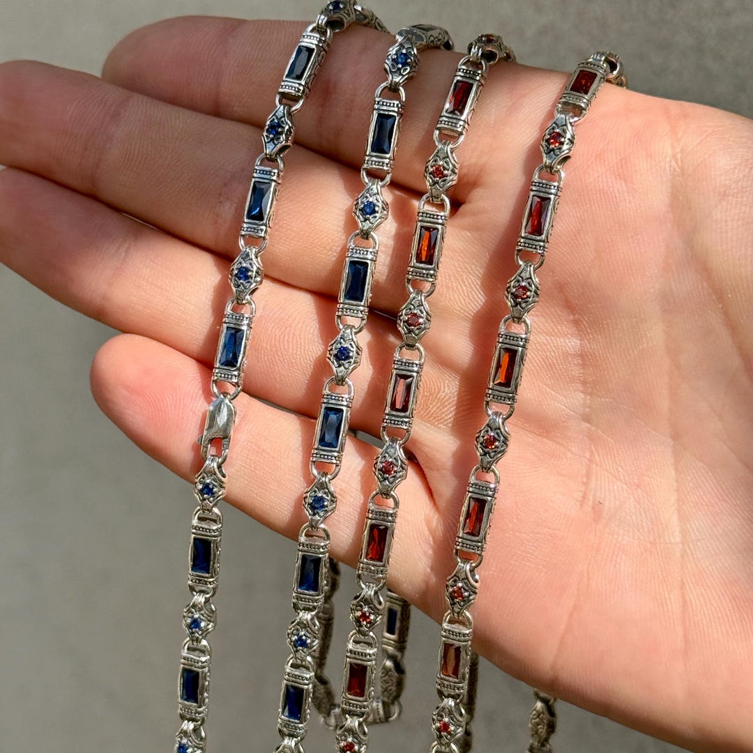 Silver Sapphire Hand-engraved Necklace, Byzantine Men Ruby Stone Chain ...