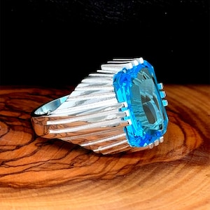 Man Silver Aquamarine Stone Ring ,Vintage Men Ring ,Handmade Blue Aquamarine Stone Ring, Ottoman Men Ring , 925k Sterling Silver Ring