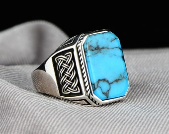 クラシックターコイズシグネットリング、メンズリング、ラウンド